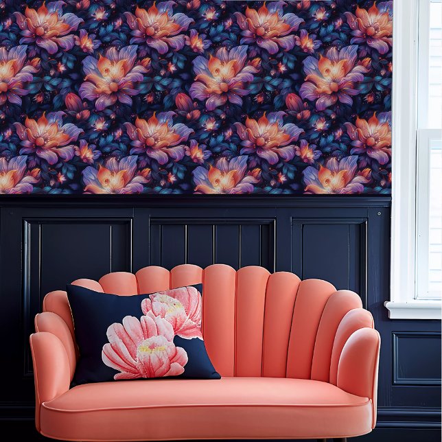 Papier Peint Fleurs éthérées Fairycore (Fairycore Ethereal Glowing Flowers Wallpaper above a coral scalloped sofa.)