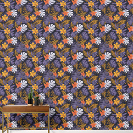 Papier Peint Fleurs Feuilles tropicales violet orange jaune bla