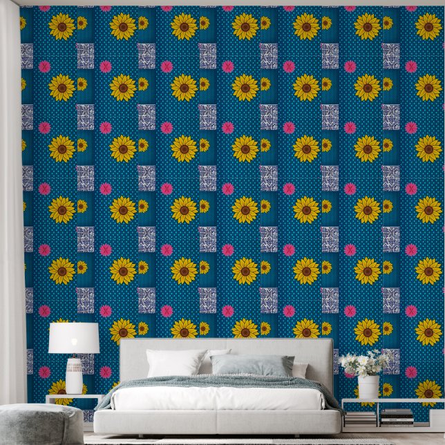 Papier peint Fleurs florales Bleu Jaune (Chambre à coucher)