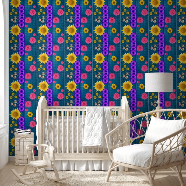 Papier peint Fleurs florales Jaune violet (Enfants)