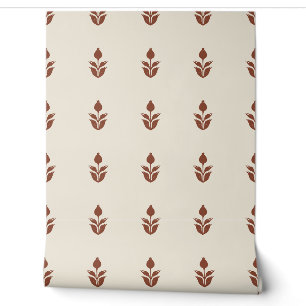 Papier Peint Fleurs Imprimées Simples en Bloc - Beige et Rouge