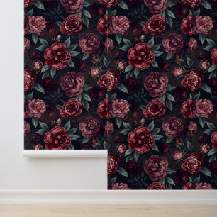 Papier Peint Fleurs lunatiques motif aquarelle rouge foncé
