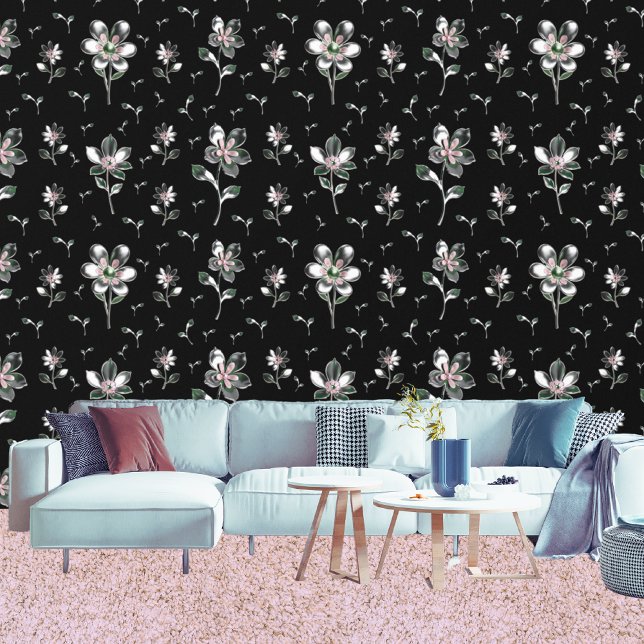 Papier Peint Fleurs Métalliques Roses Et Argent Floral Noir (Living Room)