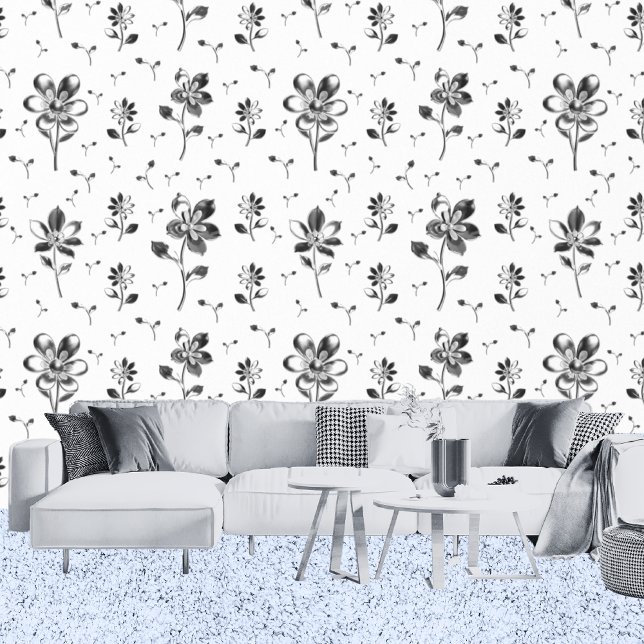 Papier Peint Fleurs Modernes Noir Et Blanc (Living Room)