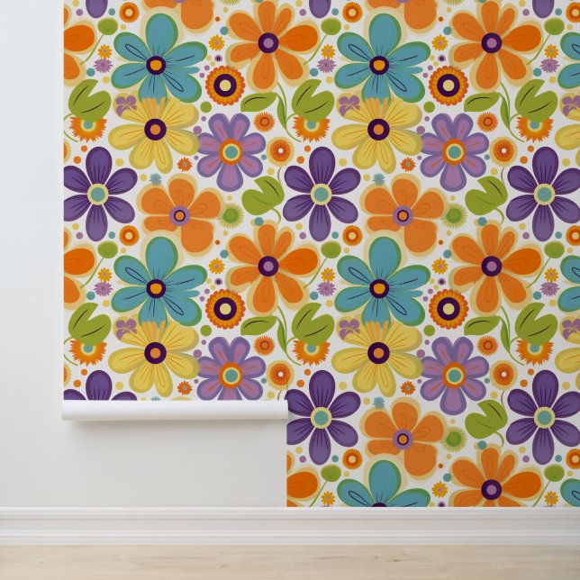 Papier Peint Fleurs rétro Lilac orange et vert (Application)