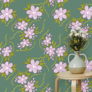 Papier Peint Fleurs roses avec Feuilles vert clair et tiges