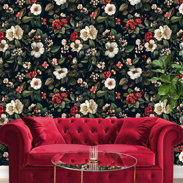 Papier Peint Fleurs rouges et blanches sur noir pour Motif de c (Red & White Flowerrs on Black for Bedroom Wallpaper)