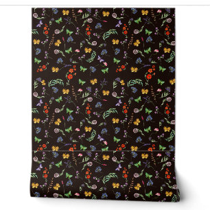 Papier Peint Fleurs sauvages romantiques et papillons noirs