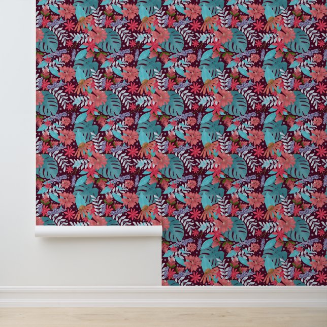 Papier Peint Fleurs tropicales et Feuilles de Monstera (Application)
