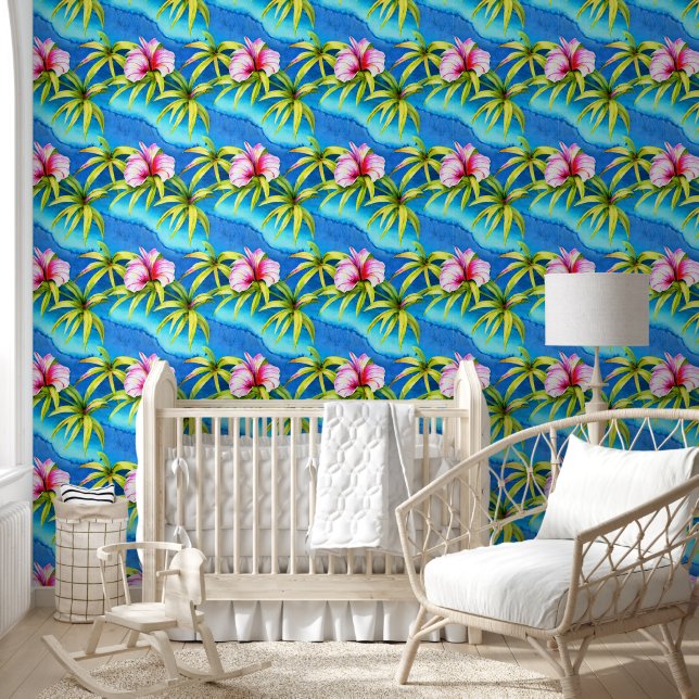 Papier Peint Fleurs tropicales île feuille mer turquoise côte (Enfants)