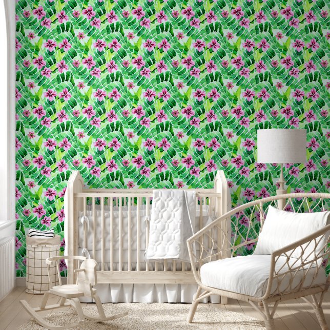 Papier Peint Fleurs tropicales jungle feuillage hawaïen feuille (Enfants)