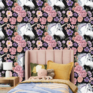 Papier Peint Fleurs Unicorne Blanches Rose Noir