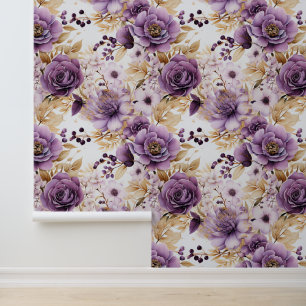 Papier Peint Fleurs Violettes Et Feuilles D'Or Peel Et Bâton