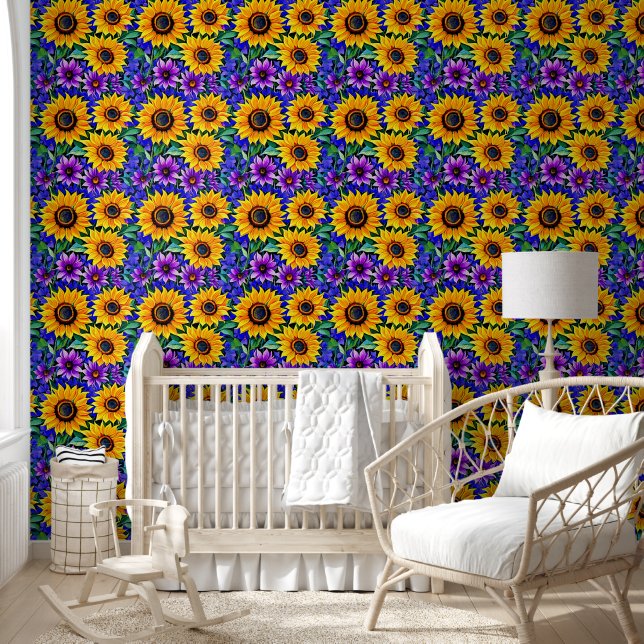 Papier Peint Fleurs violettes et tournesols jaunes Floral (Enfants)