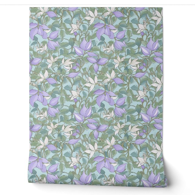 Papier Peint Fleurs violettes pastel douces et feuilles verts s (Déroulement)