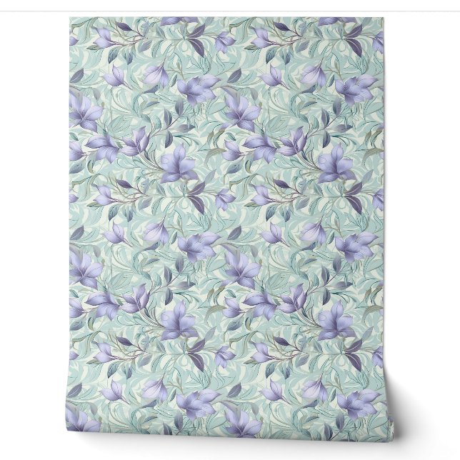Papier Peint Fleurs violettes pastel douces et feuilles verts s (Déroulement)