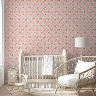 Papier peint floral à carreaux crème rose