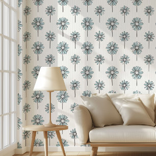 Papier peint floral à motifs roses en toile bleue