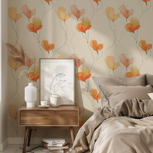 Papier peint floral abstrait moderne crème orange