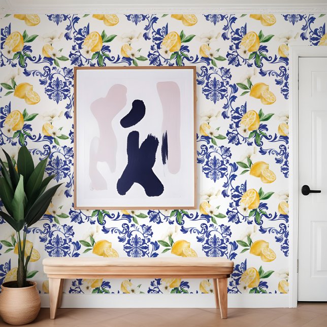 Papier Peint Floral Bleu Méditerranéen et Motif citron (Mediterranean Blue Antique Floral & Lemon Pattern Wallpaper)