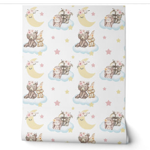 Papier Peint Floral Bois Animaux Nuages Étoiles Lune Pépinière