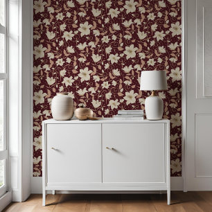 Papier Peint Floral Bourgogne Rouge Beige Lily Motif botanique