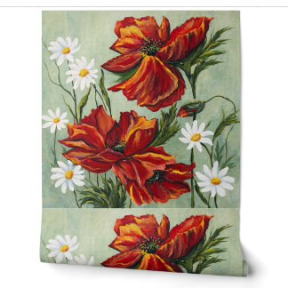 Papier Peint Floral Coquelicot Rouge & Marguerite