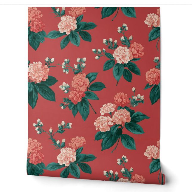 Papier Peint Floral de fleurs roses modernes (Déroulement)