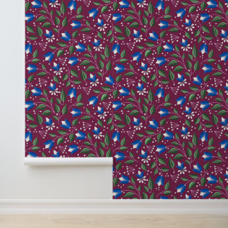 Papier peint floral en Bourgogne et bleu profond