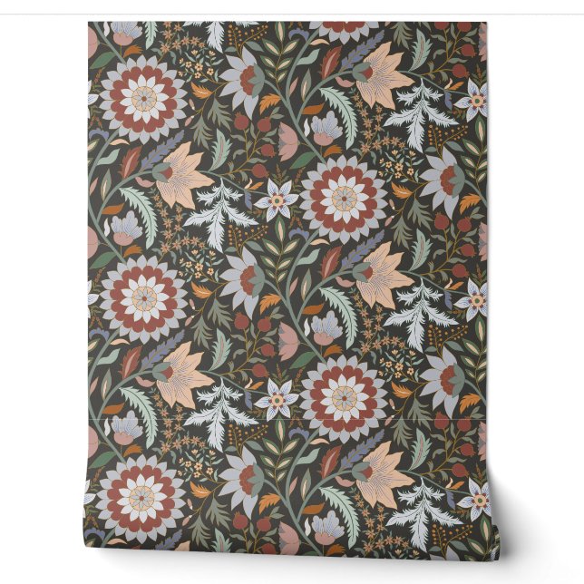 Papier Peint Floral indien Moody Boho avec arrière - plan gris  (Déroulement)
