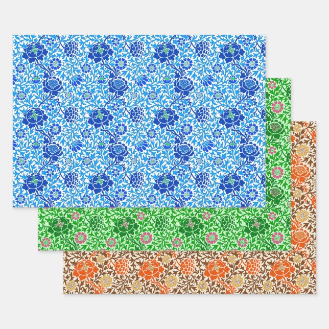 Papier peint floral jacobéen, bleu, vert et orange (Lot)