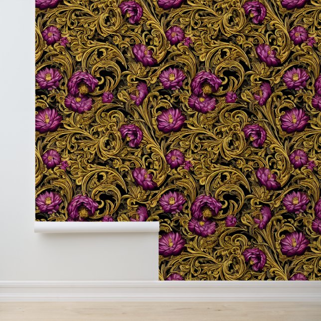 Papier Peint Floral moody violet fleur moisi modèle byzantin (Application)