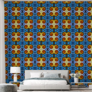 Papier Peint Floral Orange Bleu Jaune Art Abstrait