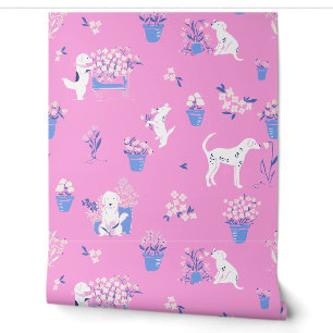 Papier peint floral rose et bleu Chien rose chaud