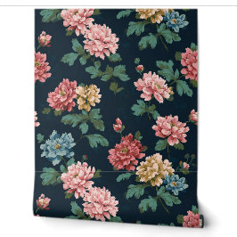 Papier Peint Floral rose et bleu sur noir