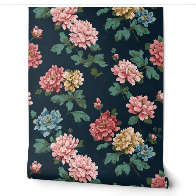 Papier Peint Floral rose et bleu sur noir (Déroulement)