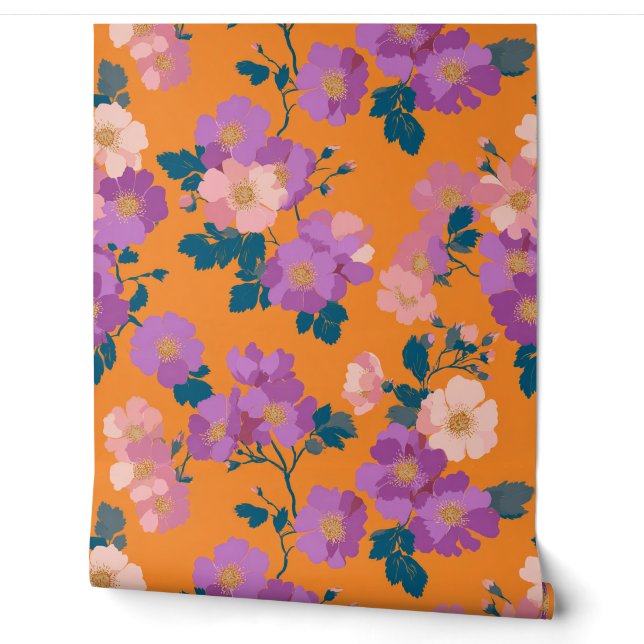 Papier Peint Floral rose et violet moderne sur orange (Déroulement)