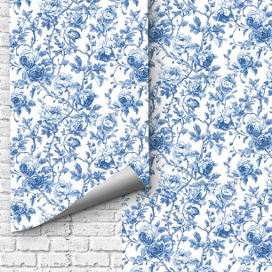 Papier peint floral Toile de Jouy Roses Bleu Vinta