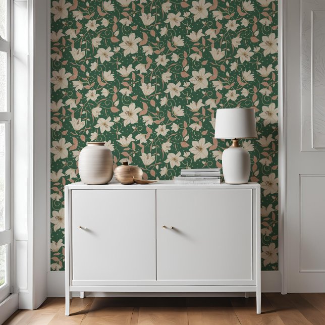 Papier Peint Floral Vert Beige Lily Motif botanique (Créateur téléchargé)