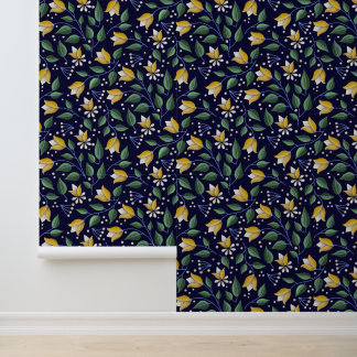 Papier Peint Flore bleu profond et jaune
