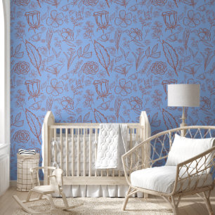 Papier Peint Flore rose simple sur bleu