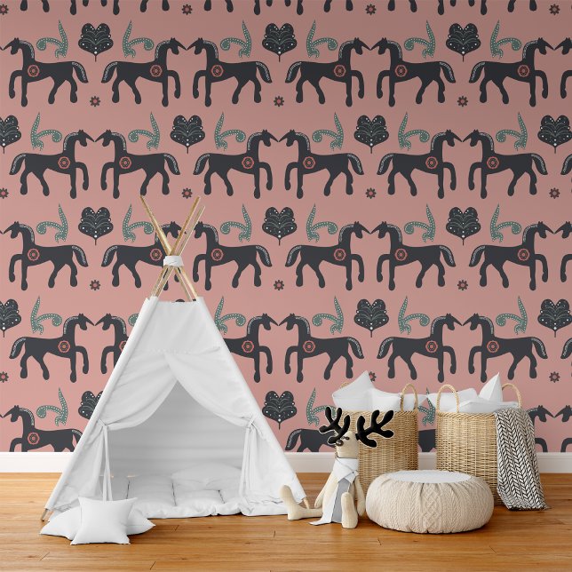 Papier Peint Folklore scandinave rustique Chevaux nordiques (Créateur téléchargé)