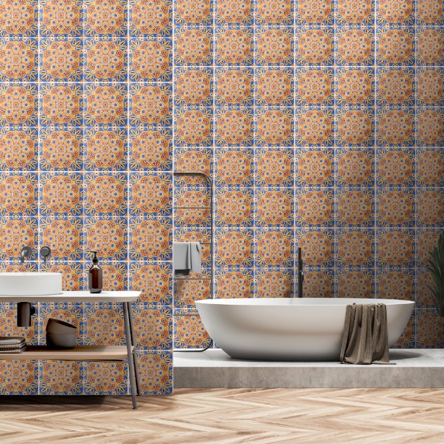 Papier Peint Fond d'écran motif en carreaux orange et bleu 2' x (Salle de bain)