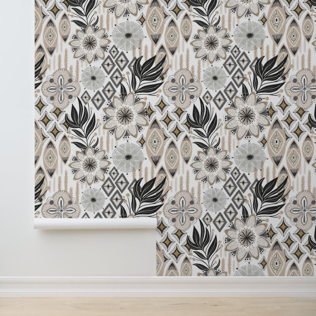 Papier Peint Formes Abstraites Boho Gris & Blanc (Application)
