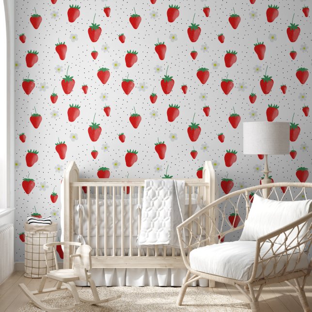 Papier Peint Fraises et fleurs d'été mignonnes (Enfants)