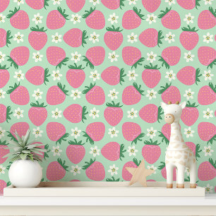 Papier Peint Fraises roses et fleurs sur fond vert menthe
