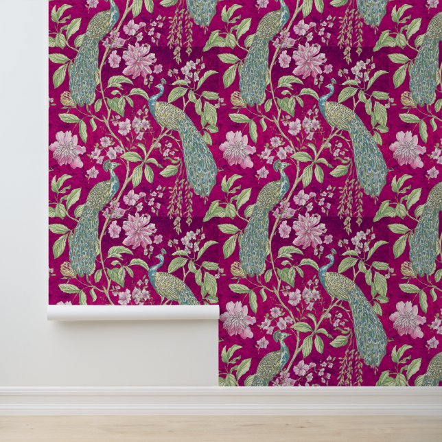 Papier Peint Fuchsia Chinoiserie paon peigne et bâton floral (Application)