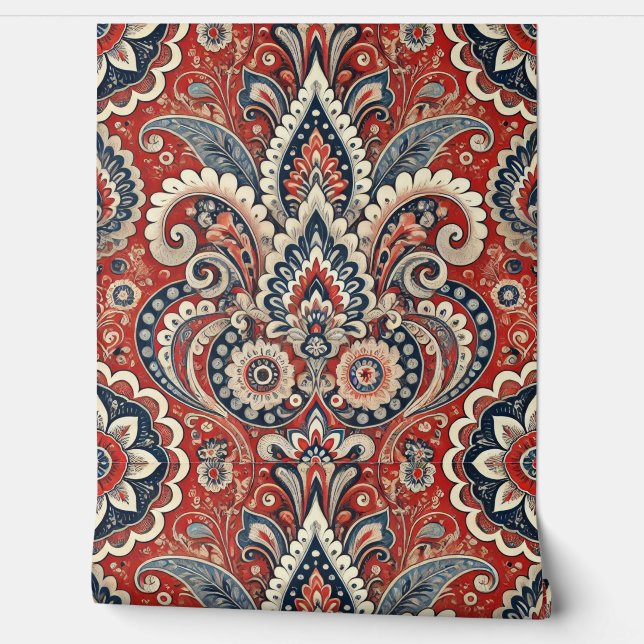 Papier Peint Fusion florale Paisley en rouge, blanc et blanc (Déroulement)