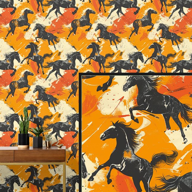 Papier Peint Galloping Black Horses on Orange Cream (Créateur téléchargé)