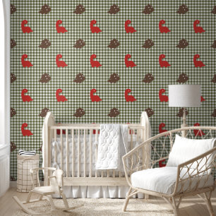 Papier Peint Garçons Dinosaur Gingham - Marron Grange Vert Armé